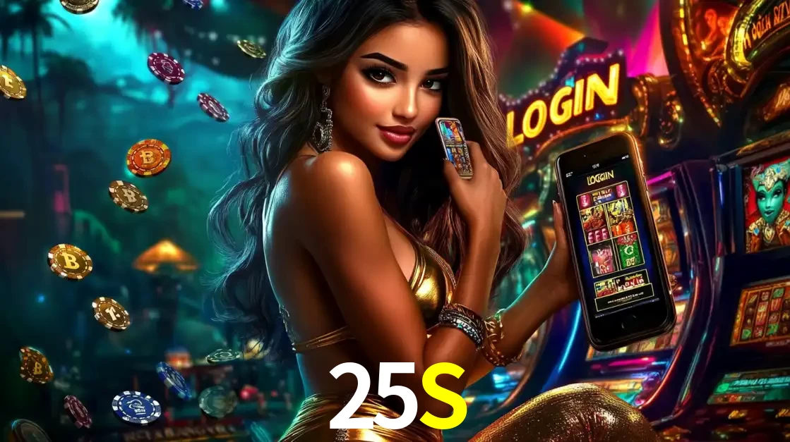 Mulher em um cenário de cassino temático de aventura, mostrando o app de caça-níqueis da 25S no celular. Fichas de apostas flutuam ao redor.