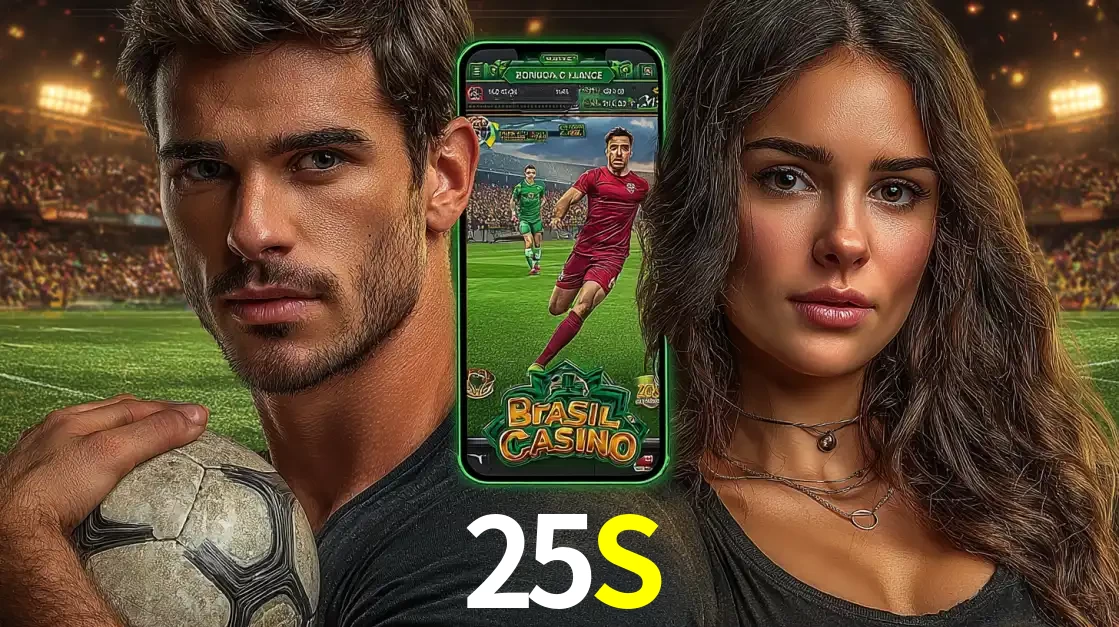 Homem segurando uma bola de futebol e uma mulher ao lado de um smartphone exibindo o jogo de apostas esportivas da 25S. Faça seu palpite no cassino online.